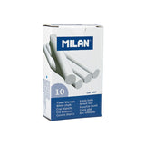 Caja de 10 tizas blancas Milan antipolvo redondas para pizarra disponible en papeleria en Badajoz