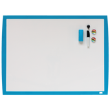 Pizarra blanca magnetica NOBO 430 x 585 mm con marco azul rotulador y borrador disponible en papeleria en Badajoz
