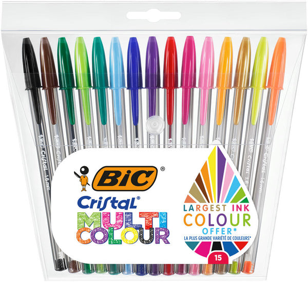 Set de 15 bolígrafos Bic Cristal multicolor en papelería Badajoz – disponible en Be To Be Menacho y Valdepasillas