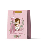 Bolsa papel comunion nina rosa con lazo y tarjeta 26x10x32 cm en Badajoz