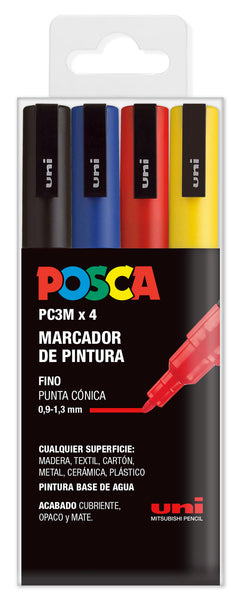 Estuche de marcadores Uni Posca PC-3M 4 colores básicos en papelería Badajoz – disponible en Be To Be Menacho y Valdepasillas