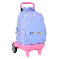 Mochila Escolar Grande Con Ruedas Benetton Lila Corazones - Mochila Doble Compartimento Con Carro De Quita Y Pon Benetton Lila Corazones - Mochila Benetton Lila Corazones Con Ruedas  - Safta