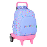 Mochila Escolar Grande Con Ruedas Benetton Lila Corazones - Mochila Doble Compartimento Con Carro De Quita Y Pon Benetton Lila Corazones - Mochila Benetton Lila Corazones Con Ruedas  - Safta