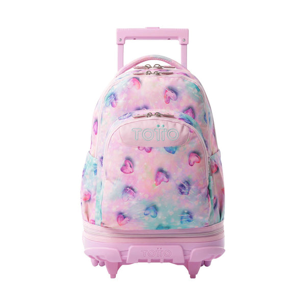 Mochila Escolar Grande Con Ruedas Totto Desmontable Corazones Rosas y Azules - Modelo Tiza - Carro Desmontable Talla L - Totto