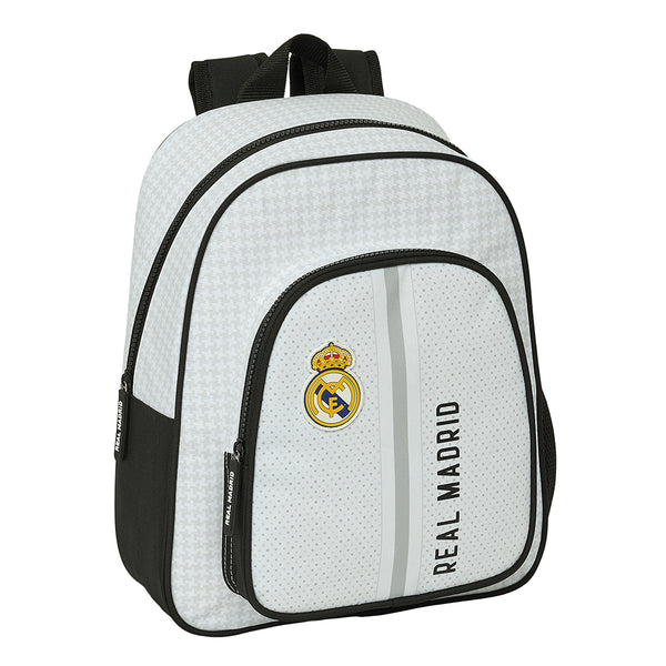 Mochila Preescolar Real Madrid Primera Equipación Doble Compartimento - Mochila De Guardería Real Madrid Escudo Adaptable A Carro - Mochila Infantil Escolar Real Madrid Blanca Negra - Safta