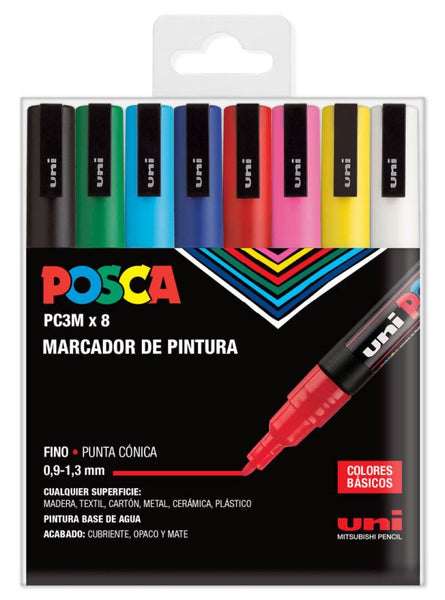 Estuche de marcadores Uni Posca PC-3M 8 colores basicos en papeleria Badajoz disponible en Be To Be Menacho y Valdepasillas