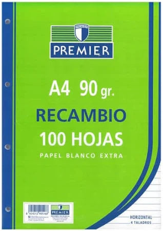 Recambio Premier A4 4/T 90 gr Rayado Horinzontal 100 Hojas - Premier