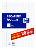 Recambio Oxfod A4 - 4 Taladros 90 gr Cuadrícula 4x4 mm Con Margen - 100+20 Hojas Gratis - Oxford