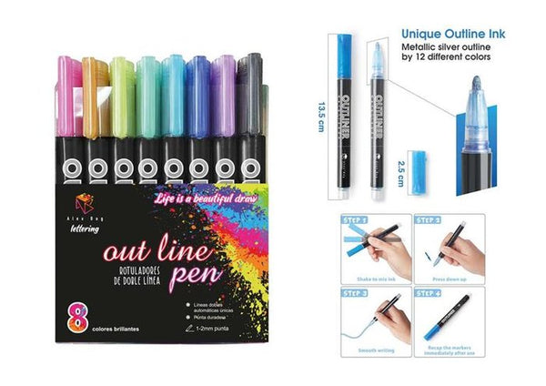 Rotulador Outline Marker Lettering Doble Linea 8 Colores - Alex Bob
