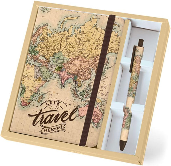 Set de papelería libreta rayada y bolígrafo Travel Mapas iTotal en papelería Badajoz disponible en Be To Be Menacho y Valdepasillas