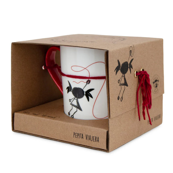 Taza Pepita Viajera Hilo Rojo 380 ml de porcelana con leyenda disponible en papelería Badajoz Be To Be Menacho y Valdepasillas